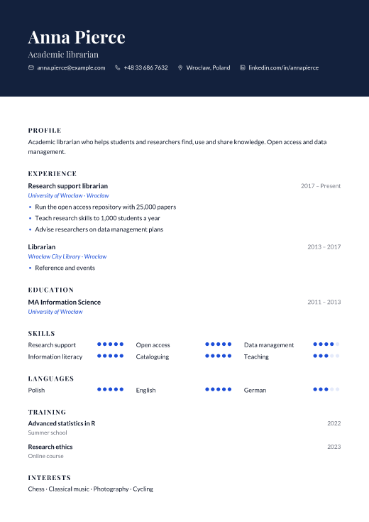 Academic librarian resume template, Embassy design