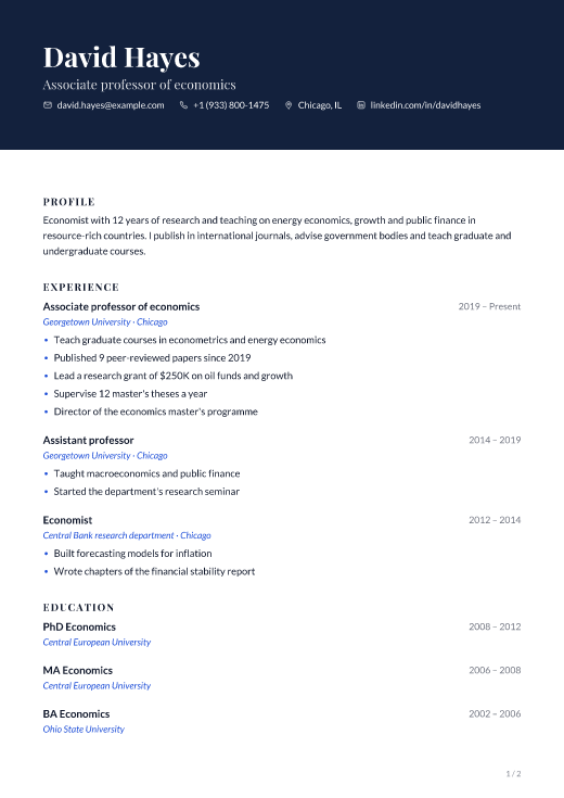 Associate professor of economics resume template, Embassy design, 2 pages