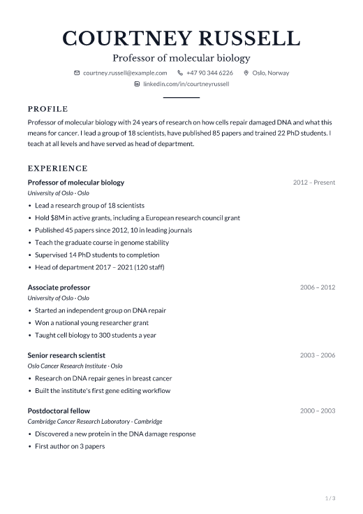 Professor of molecular biology resume template, Counsel design, 3 pages