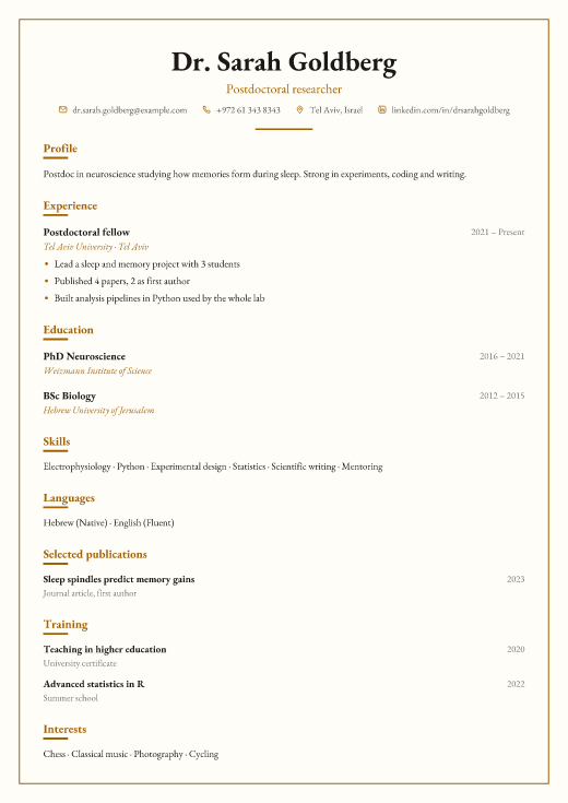 Postdoctoral researcher resume template, Chambers design