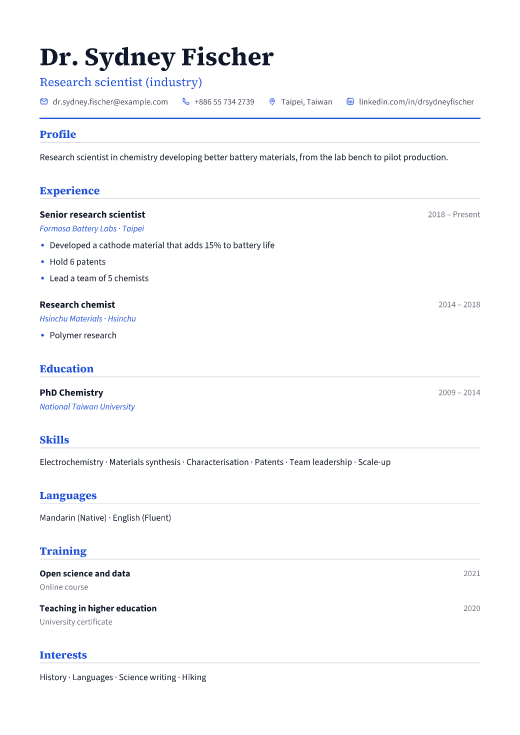 Research scientist (industry) resume template, Classic design