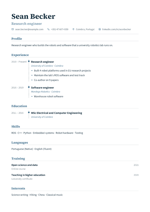 Research engineer resume template, Registry design