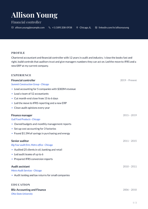 Financial controller resume template, Embassy design, 2 pages