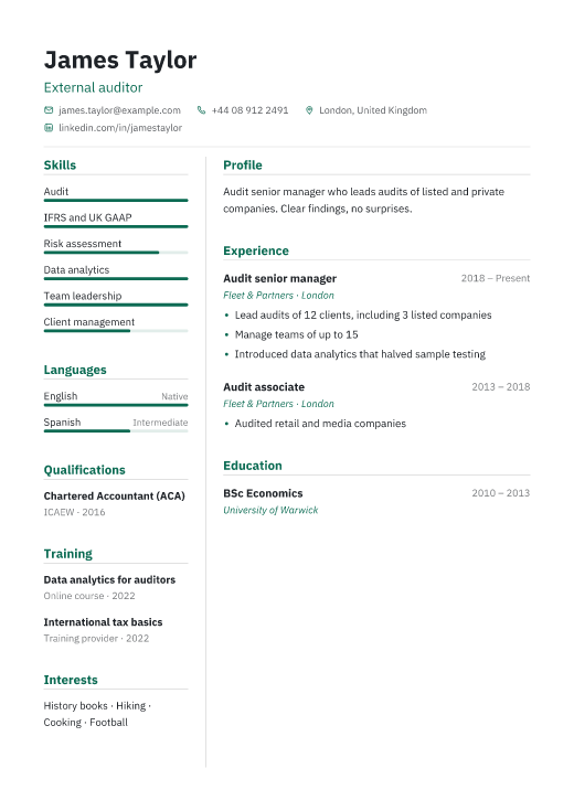 External auditor resume template, Treasury design