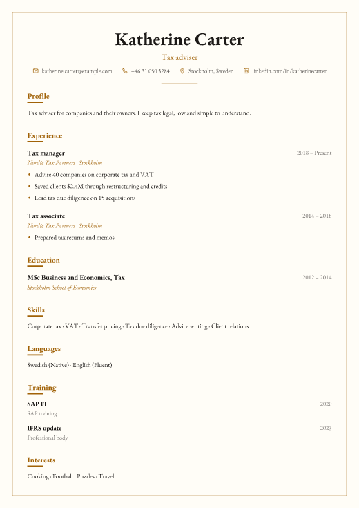 Tax adviser resume template, Chambers design