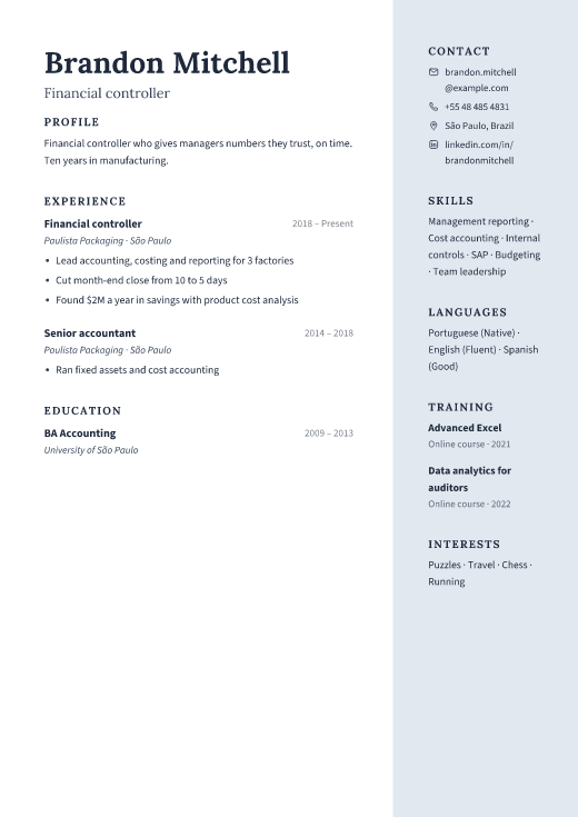 Financial controller resume template, Atrium design