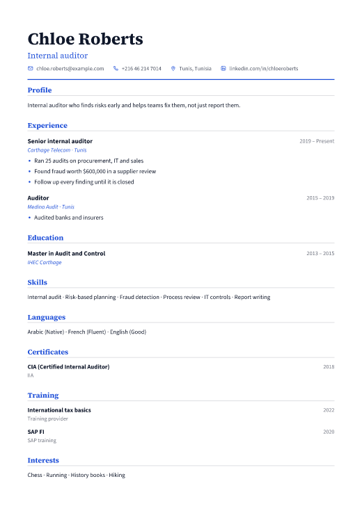 Internal auditor resume template, Classic design