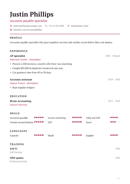 Accounts payable specialist resume template, Charter design