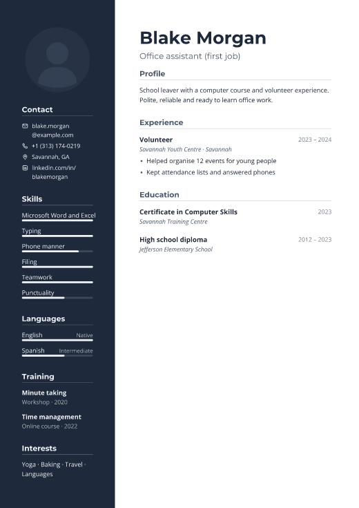 Office assistant (first job) resume template, Boardroom design