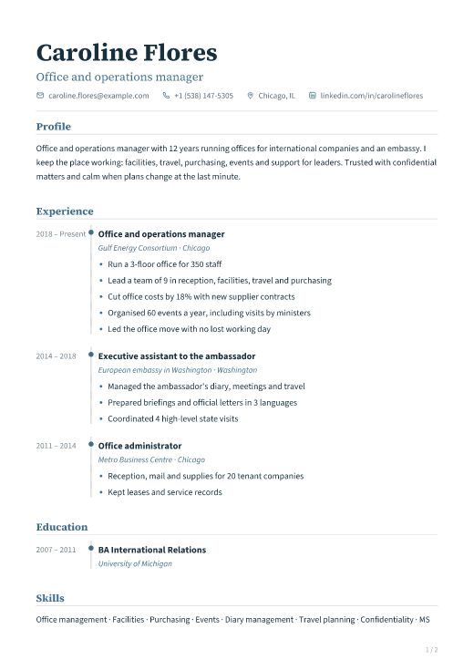 Office and operations manager resume template, Registry design, 2 pages