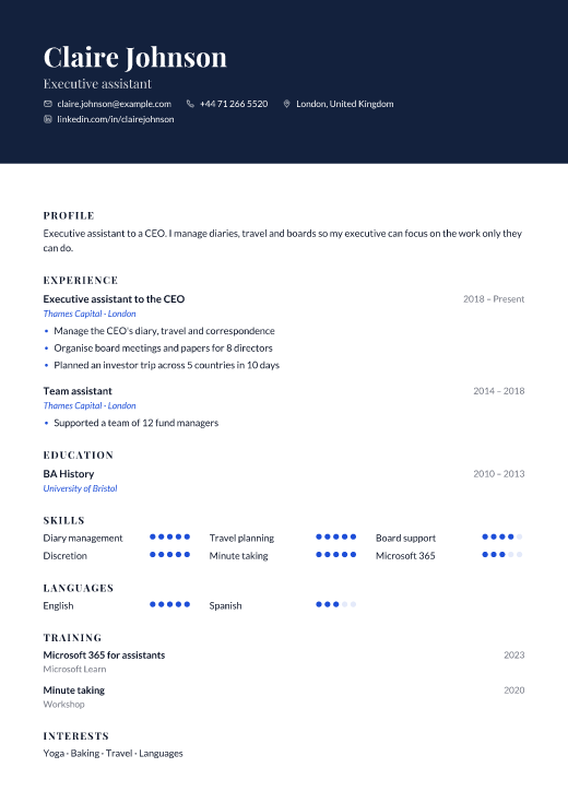 Executive assistant resume template, Embassy design