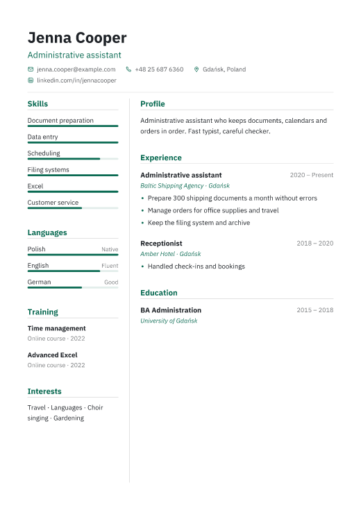 Administrative assistant resume template, Treasury design