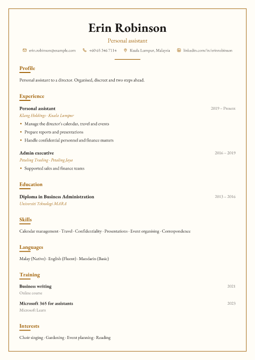 Personal assistant resume template, Chambers design