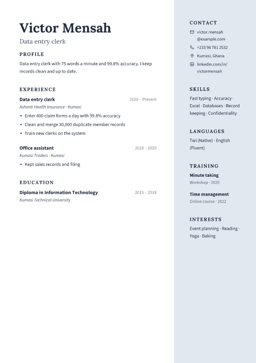 Data entry clerk resume template, Atrium design