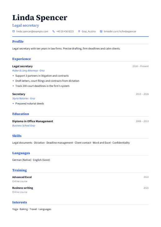Legal secretary resume template, Classic design