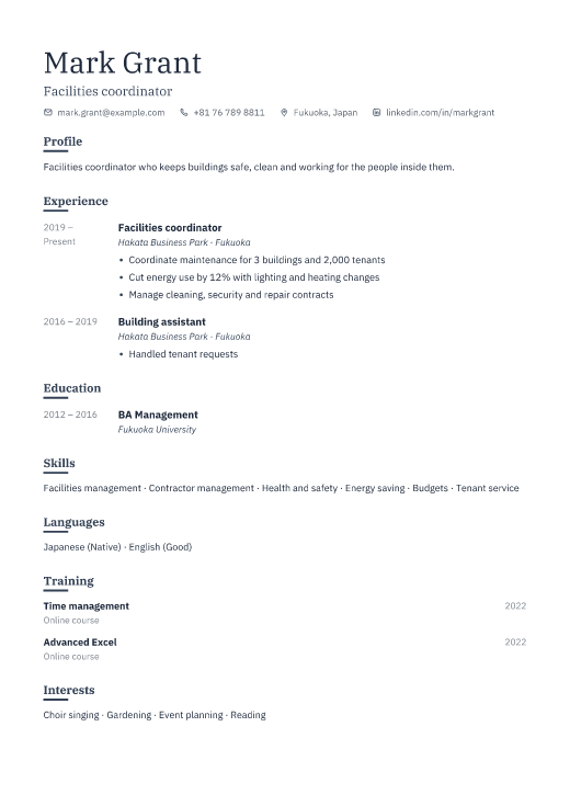 Facilities coordinator resume template, Ledger design