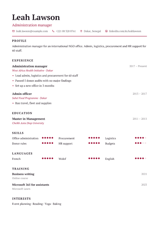 Administration manager resume template, Charter design