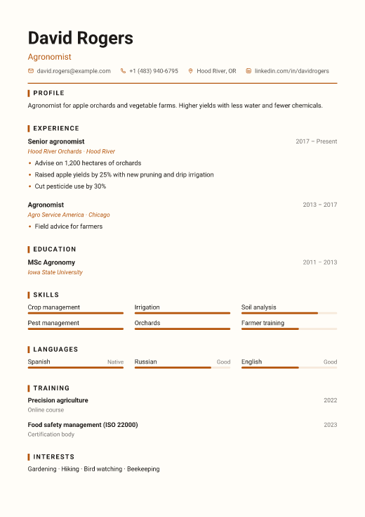 Agronomist resume template, Workshop design