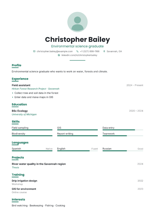 Environmental science graduate resume template, Shift design