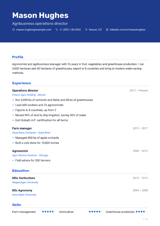 Agribusiness operations director resume template, Route design, 2 pages