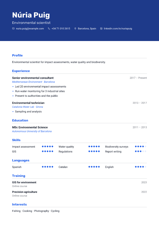 Environmental scientist resume template, Route design