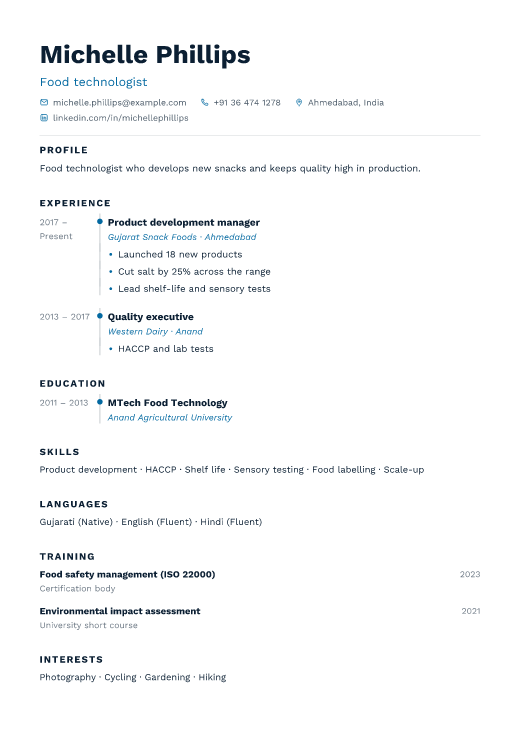 Food technologist resume template, Harbour design