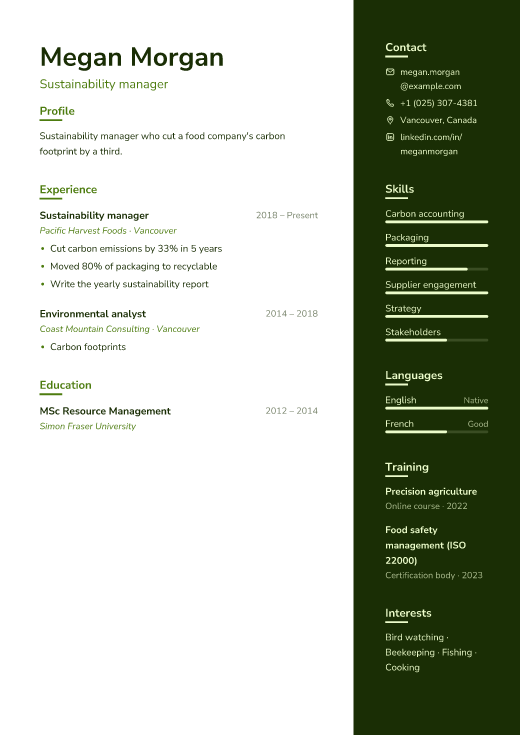 Sustainability manager resume template, Field design
