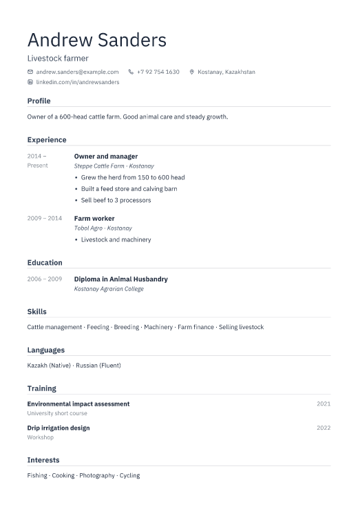 Livestock farmer resume template, Depot design