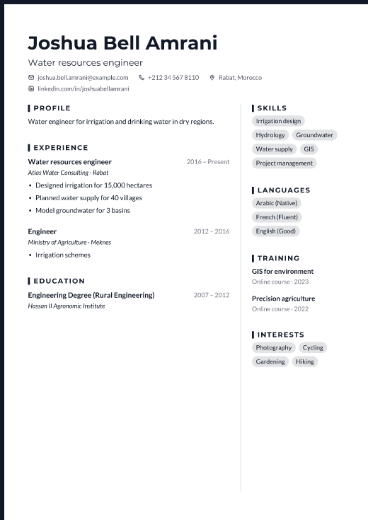 Water resources engineer resume template, Forge design