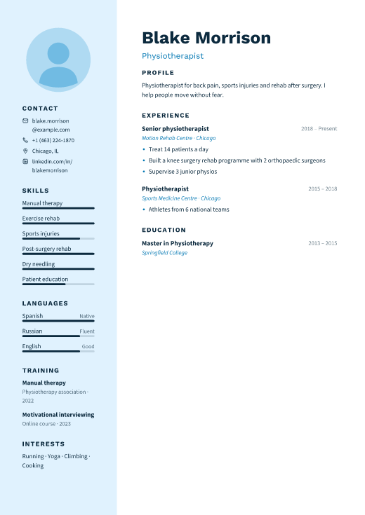 Physiotherapist resume template, Ward design
