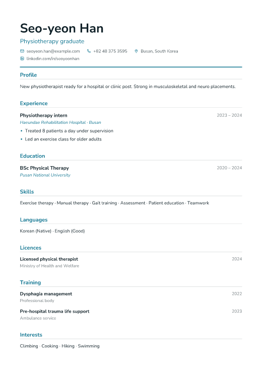 Physiotherapy graduate resume template, Clinic design