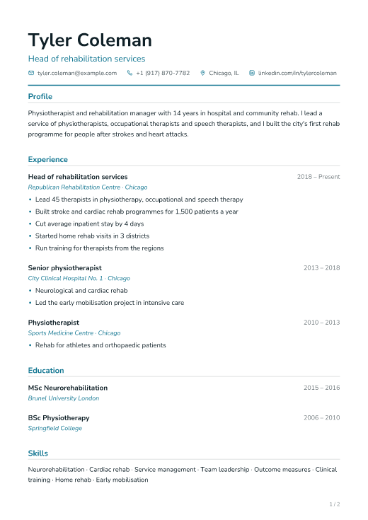 Head of rehabilitation services resume template, Clinic design, 2 pages