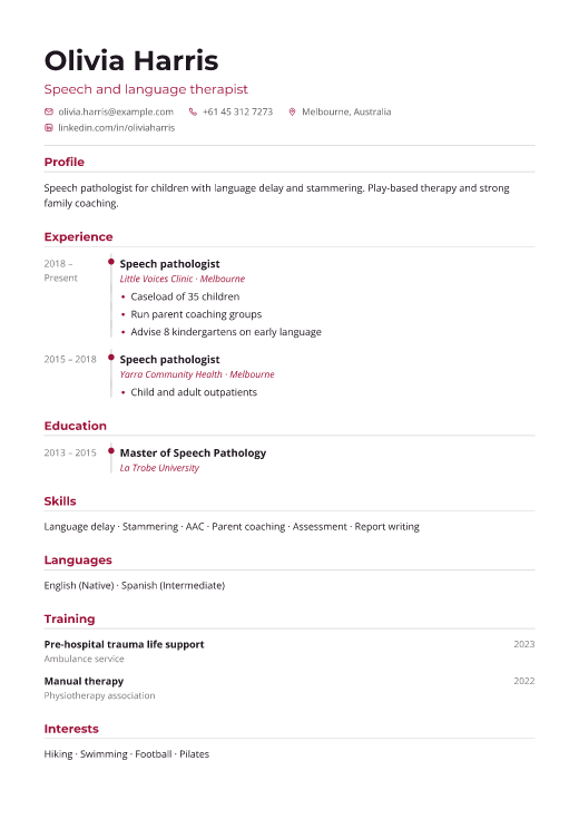 Speech and language therapist resume template, Pulse design