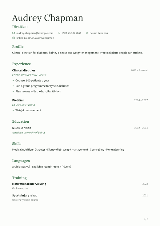Dietitian resume template, Calm design