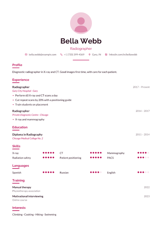 Radiographer resume template, Care design