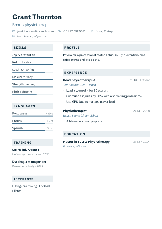 Sports physiotherapist resume template, Lab design