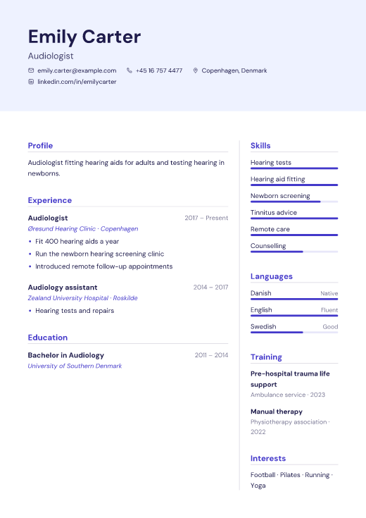 Audiologist resume template, Mercy design