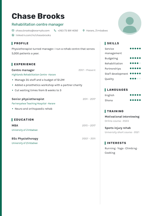 Rehabilitation centre manager resume template, Haven design