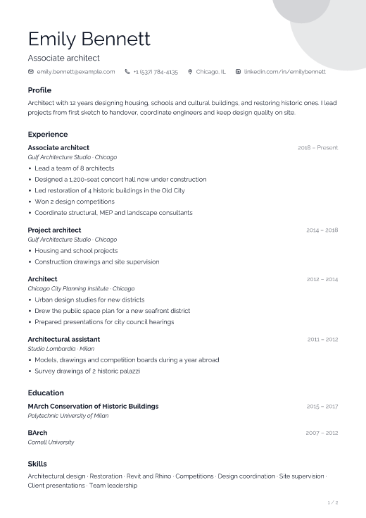 Associate architect resume template, Gallery design, 2 pages