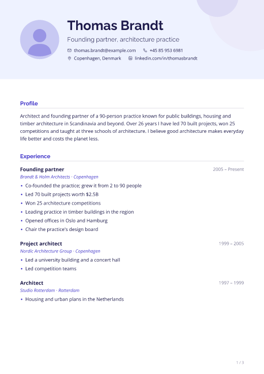 Founding partner, architecture practice resume template, Spotlight design, 3 pages