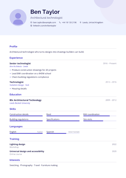 Architectural technologist resume template, Spotlight design