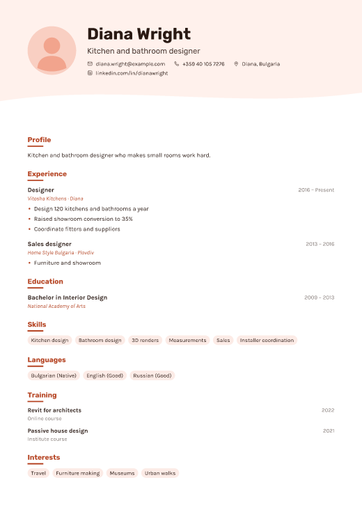 Kitchen and bathroom designer resume template, Studio design