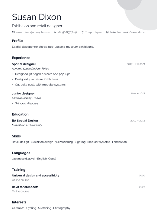Exhibition and retail designer resume template, Gallery design