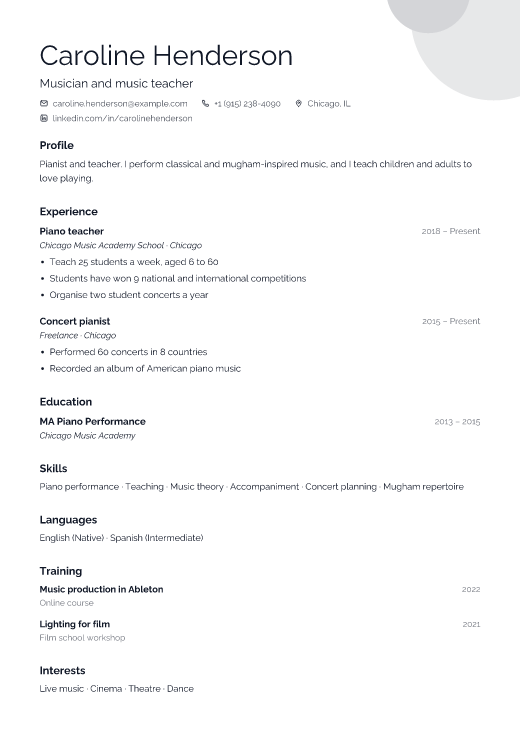 Musician and music teacher resume template, Gallery design