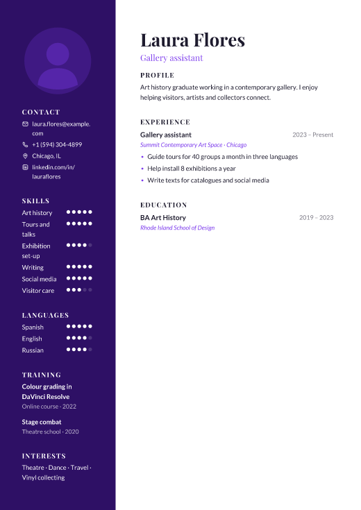 Gallery assistant resume template, Canvas design