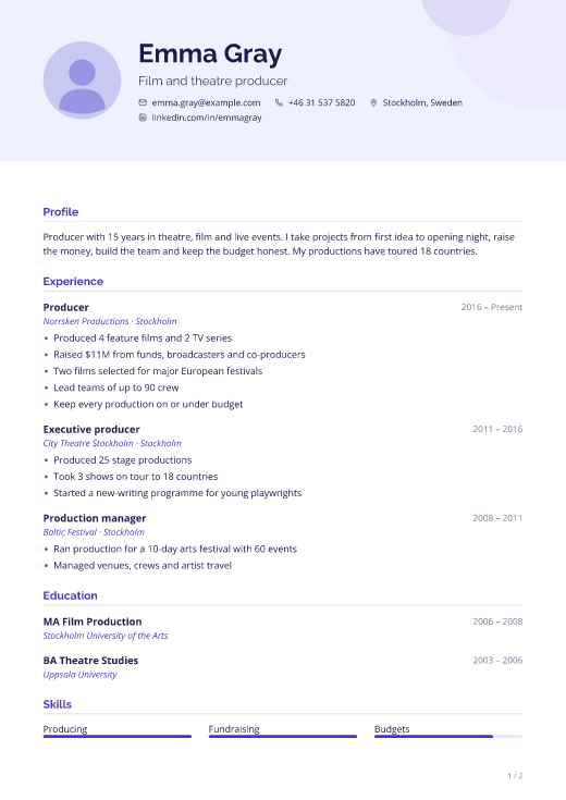 Film and theatre producer resume template, Spotlight design, 2 pages