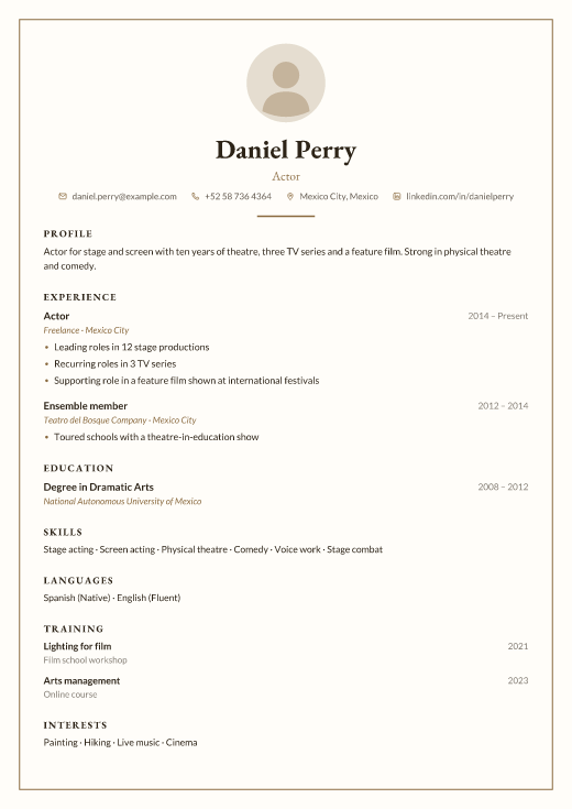 Actor resume template, Frame design