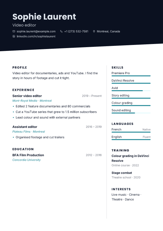 Video editor resume template, Neon design