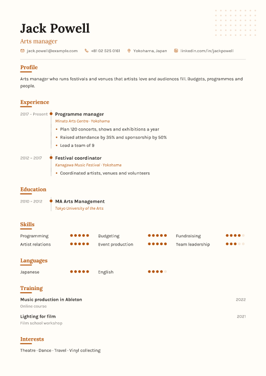 Arts manager resume template, Sketch design