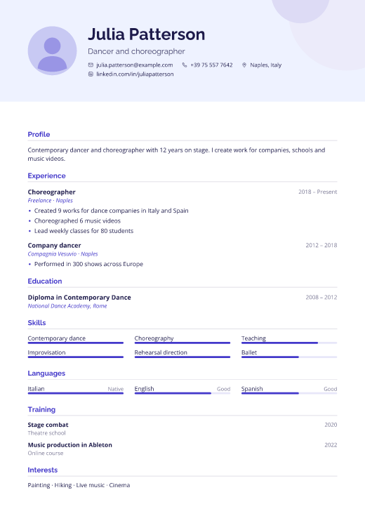 Dancer and choreographer resume template, Spotlight design